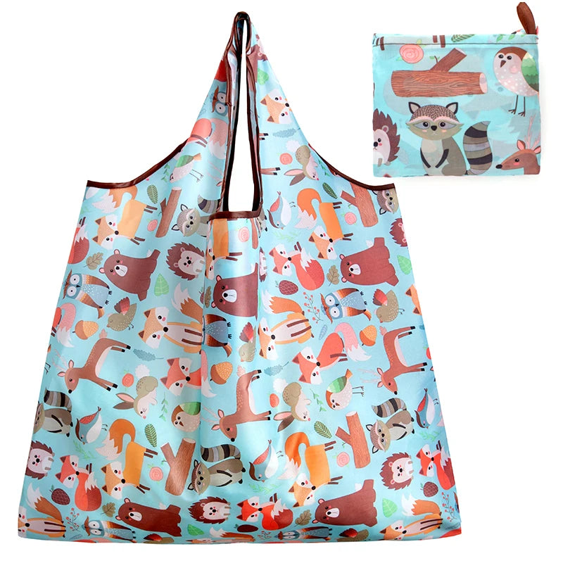 Big Size Thick Nylon Large Tote ECO Reusable with animal patterns and a matching zip pouch.