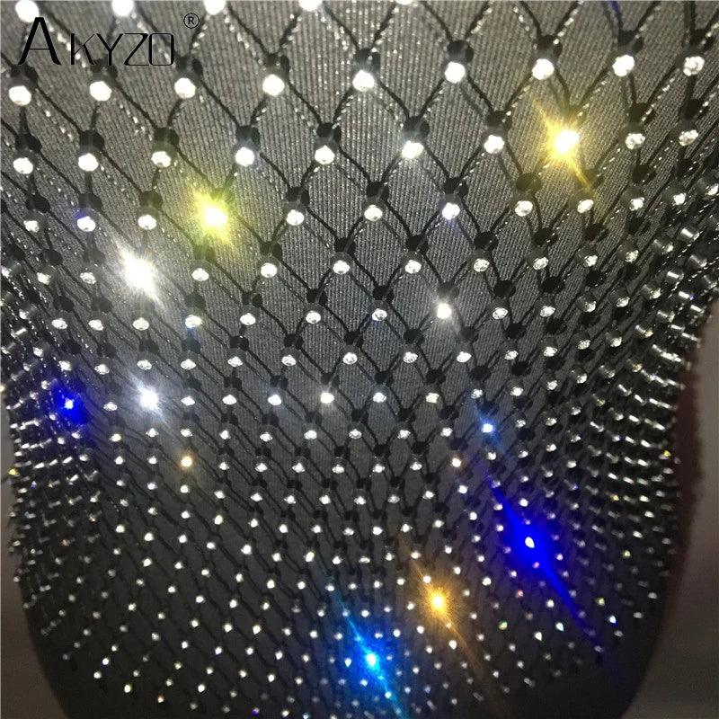 Women's Fishnet Rhinestone Crop Top 2023 Summer Sexy Mesh High Elastic Black White Shirt Net See Through Rave Diamond Tank Top - IM PERKY Boutique