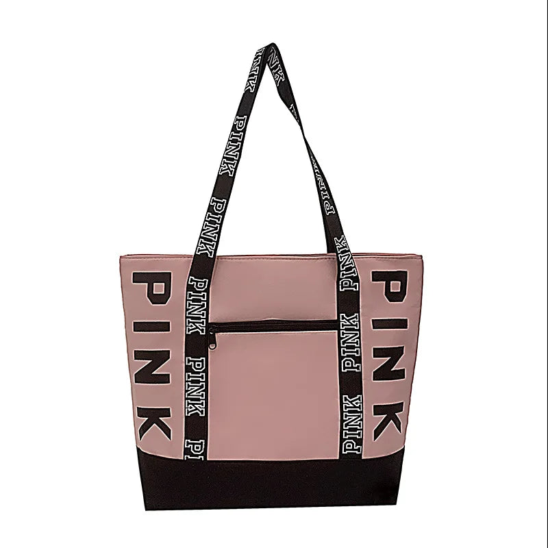 Leisure Large Capacity Tote Bag for Women Shoulder Bags in pink with black straps and zipper pocket