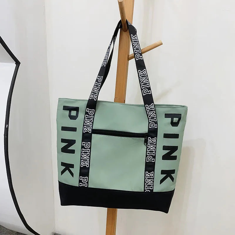 Leisure Large Capacity Tote Bag for Women Shoulder Bags in mint green with PINK straps and zipper pocket.