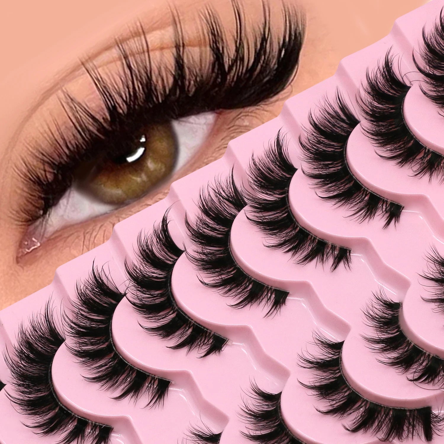 Close-up of LASVIREY Fluffy Cat Eye Lashes Natural Mink with a model's eye and multiple lashes displayed.
