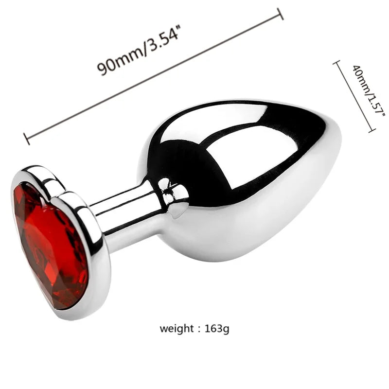 3PCS S/M/L Metal Anal Plug Butt Plug with a red gemstone design and shiny metal finish, 90mm and 163g.