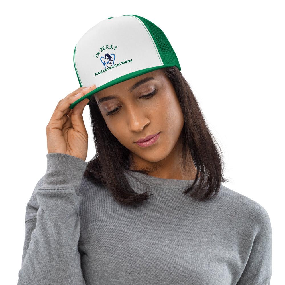 "I'm P.E.R.K.Y" Green Trucker Cap - Lady Vals Vanity