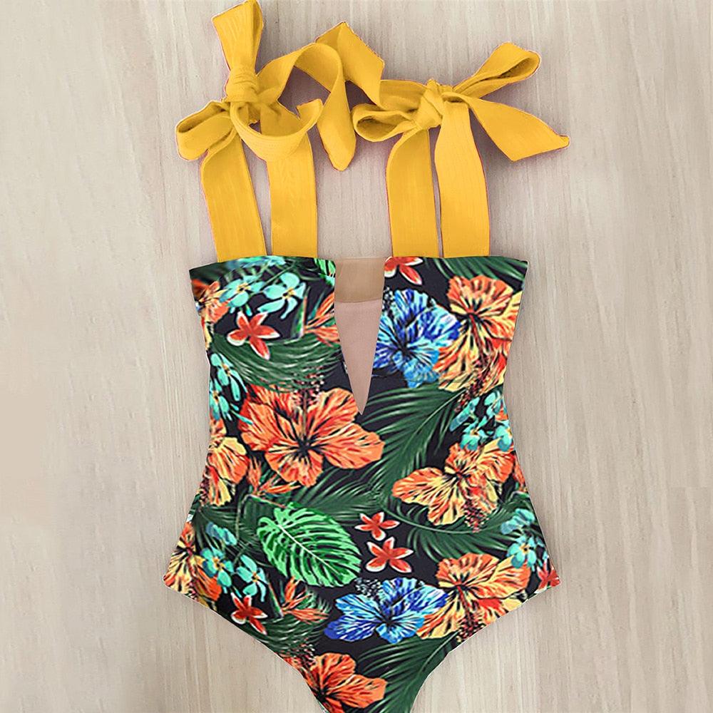 2022 New Sexy One Piece Swimsuit Shoulder Strappy Swimsuit Print Floral Swimwear Women Backless Bathing Suit Beach Wear Monokini - Lady Vals Vanity