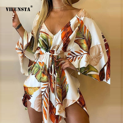 New Summer Women Elegant Dresses Sexy V Neck Lace-up Floral Printed Mini Dress Casual Flared Sleeve Irregular Ladies Party Dress - Lady Vals Vanity