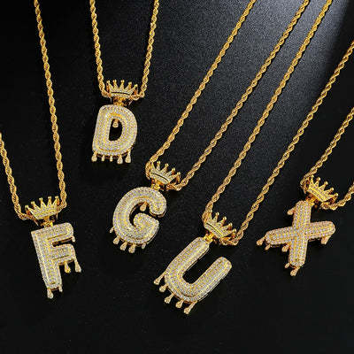D&Z A-Z Initial Bubble Letter Name Crown Drip Letters Pendant Necklaces Pendant For Men Women Gold Color Cubic Zircon Hip Hop - Lady Vals Vanity