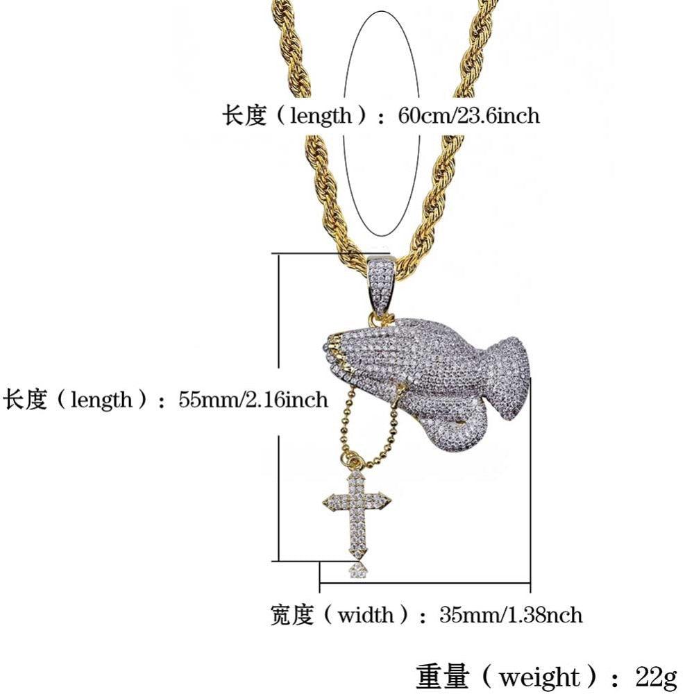 Iced Out Praying Hand Pendant Necklace With Cross Mens/Women Gold Plated Hip Hop Charm Jewelry Necklace Chain For Gifts - Lady Vals Vanity