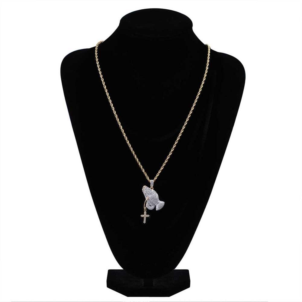 Iced Out Praying Hand Pendant Necklace With Cross Mens/Women Gold Plated Hip Hop Charm Jewelry Necklace Chain For Gifts - Lady Vals Vanity