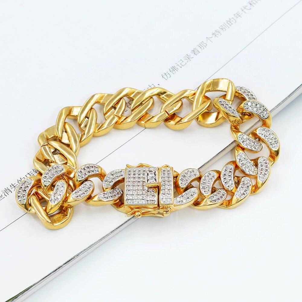 TOPGRILLZ Hip Hop Rock Jewelry Gold Color Plated Cuban Chain Micro Pave CZ Stones Bracelet 8 Inch Length Beacelets For Men - 