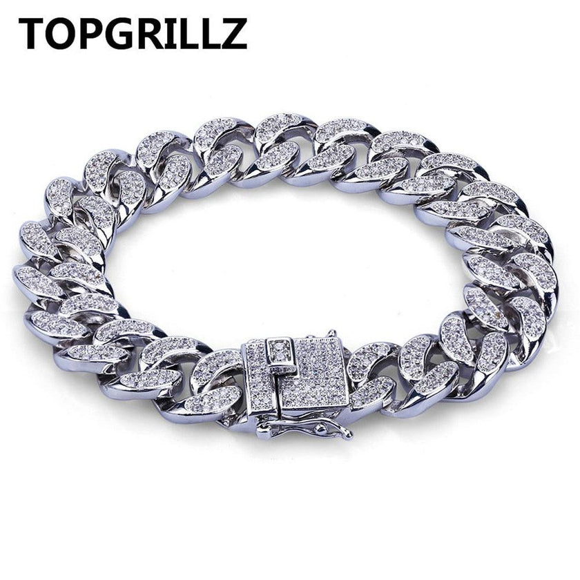 TOPGRILLZ Hip Hop Rock Jewelry Gold Color Plated Cuban Chain Micro Pave CZ Stones Bracelet 8 Inch Length Beacelets For Men - 