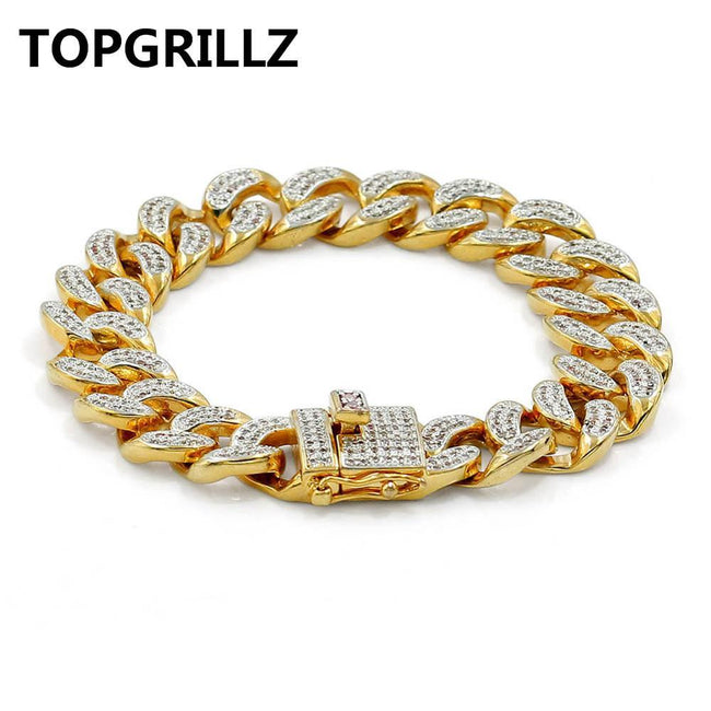 TOPGRILLZ Hip Hop Rock Jewelry Gold Color Plated Cuban Chain Micro Pave CZ Stones Bracelet 8 Inch Length Beacelets For Men - 