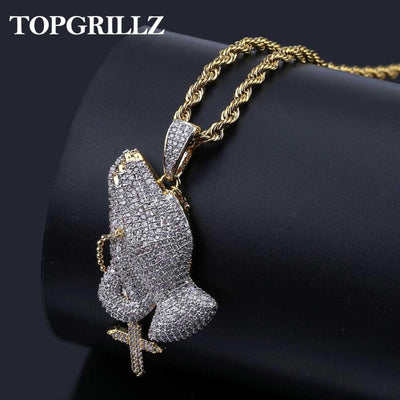 Iced Out Praying Hand Pendant Necklace With Cross Mens/Women Gold Plated Hip Hop Charm Jewelry Necklace Chain For Gifts - Lady Vals Vanity