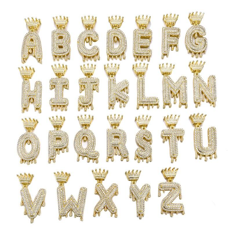 D&Z A-Z Initial Bubble Letter Name Crown Drip Letters Pendant Necklaces Pendant For Men Women Gold Color Cubic Zircon Hip Hop - Lady Vals Vanity