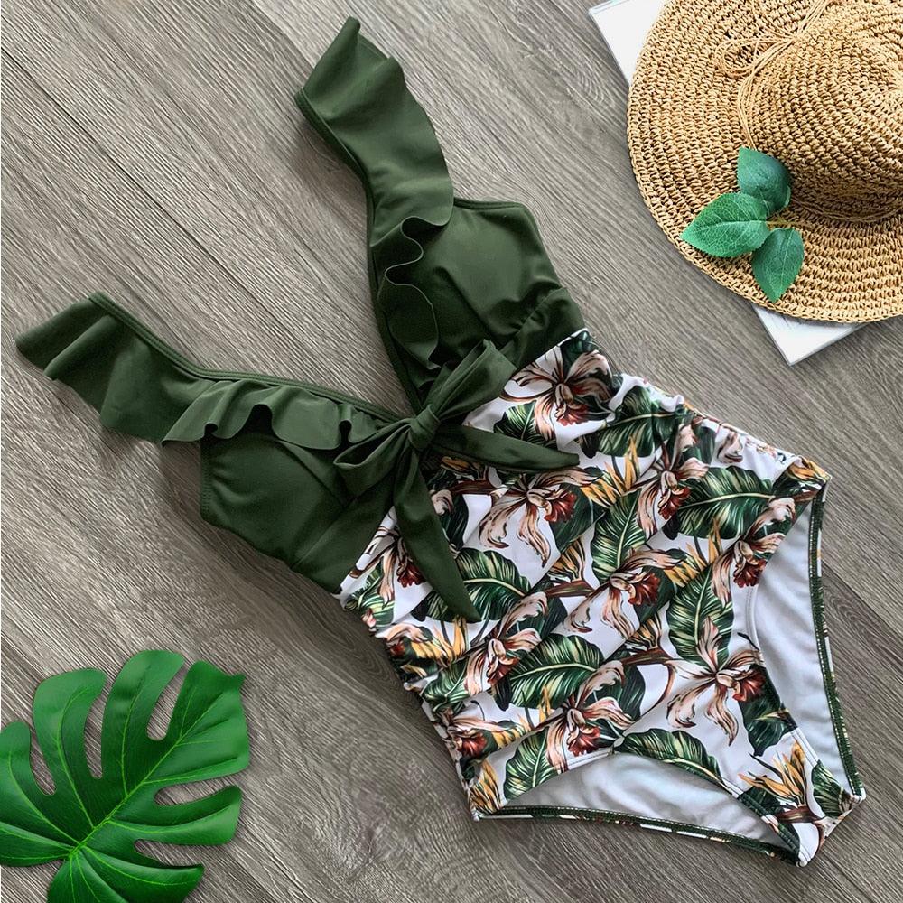 2020 Sexy New Ruffle One Piece Swimsuit Off The Shoulder Swimwear Women Swimsuit Deep-V Bathing Suits Beach Wear Swim Suit - Lady Vals Vanity