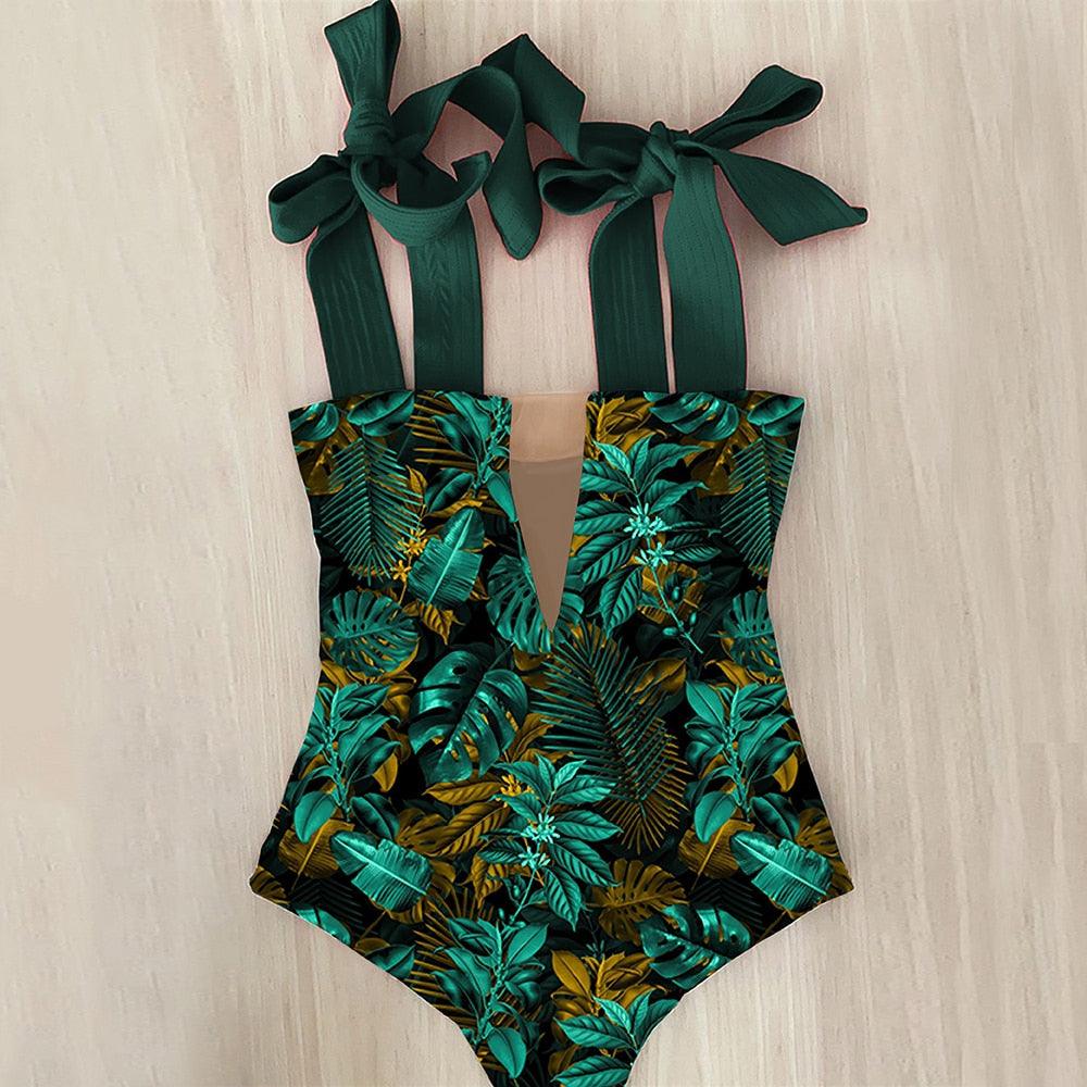 2022 New Sexy One Piece Swimsuit Shoulder Strappy Swimsuit Print Floral Swimwear Women Backless Bathing Suit Beach Wear Monokini - Lady Vals Vanity