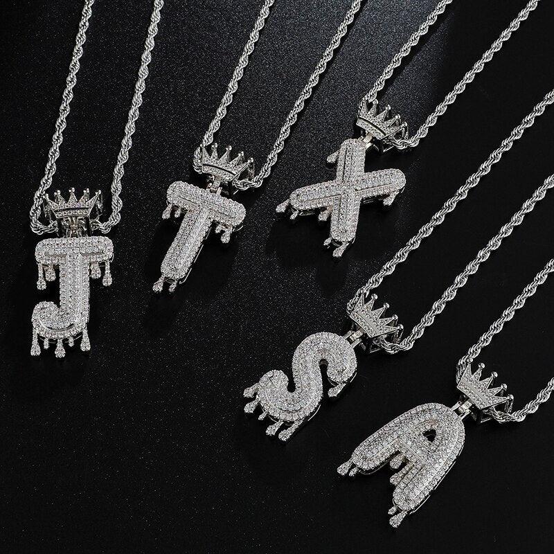 D&Z A-Z Initial Bubble Letter Name Crown Drip Letters Pendant Necklaces Pendant For Men Women Gold Color Cubic Zircon Hip Hop - Lady Vals Vanity