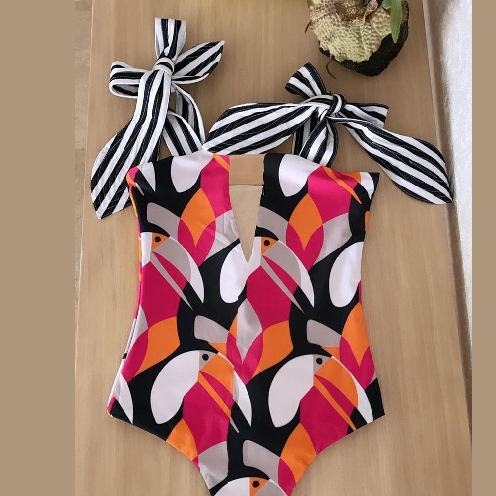 2022 New Sexy One Piece Swimsuit Shoulder Strappy Swimsuit Print Floral Swimwear Women Backless Bathing Suit Beach Wear Monokini - Lady Vals Vanity