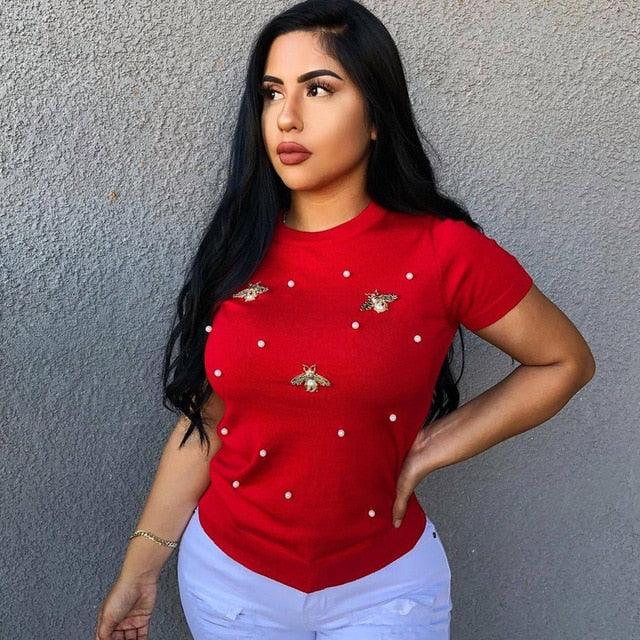 Pearl Beading Tshirt - Lady Vals Vanity