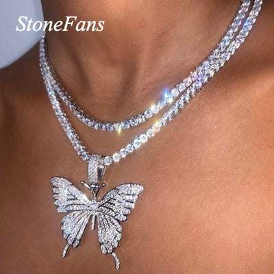 Big Butterfly Pendant Necklace Rhinestone Bling Tennis - Lady Vals Vanity
