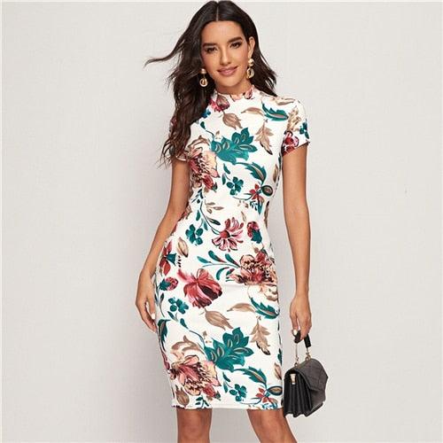 SHEIN Multicolor Mock-Neck Form Fitted Floral Print Dress Women Spring Cap Sleeve Bodycon Elegant Pencil Midi Dresses - 