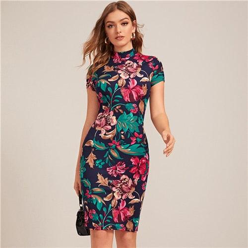 SHEIN Multicolor Mock-Neck Form Fitted Floral Print Dress Women Spring Cap Sleeve Bodycon Elegant Pencil Midi Dresses - 