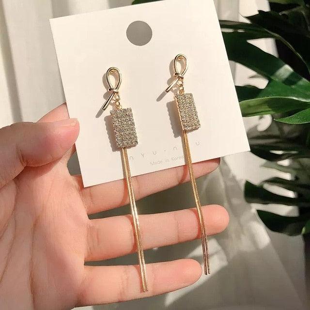 Gold Color Bar Long Thread Tassel Drop Earrings - Lady Vals Vanity