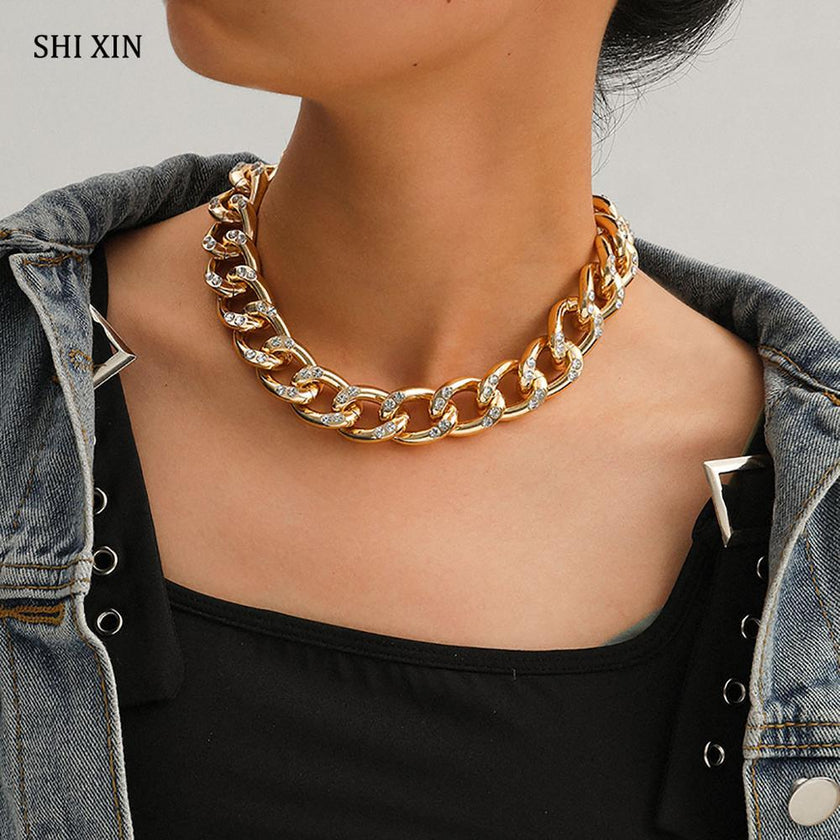 SHIXIN Punk Chunky Chain Mosaic Crystal Choker Necklace for Women - 