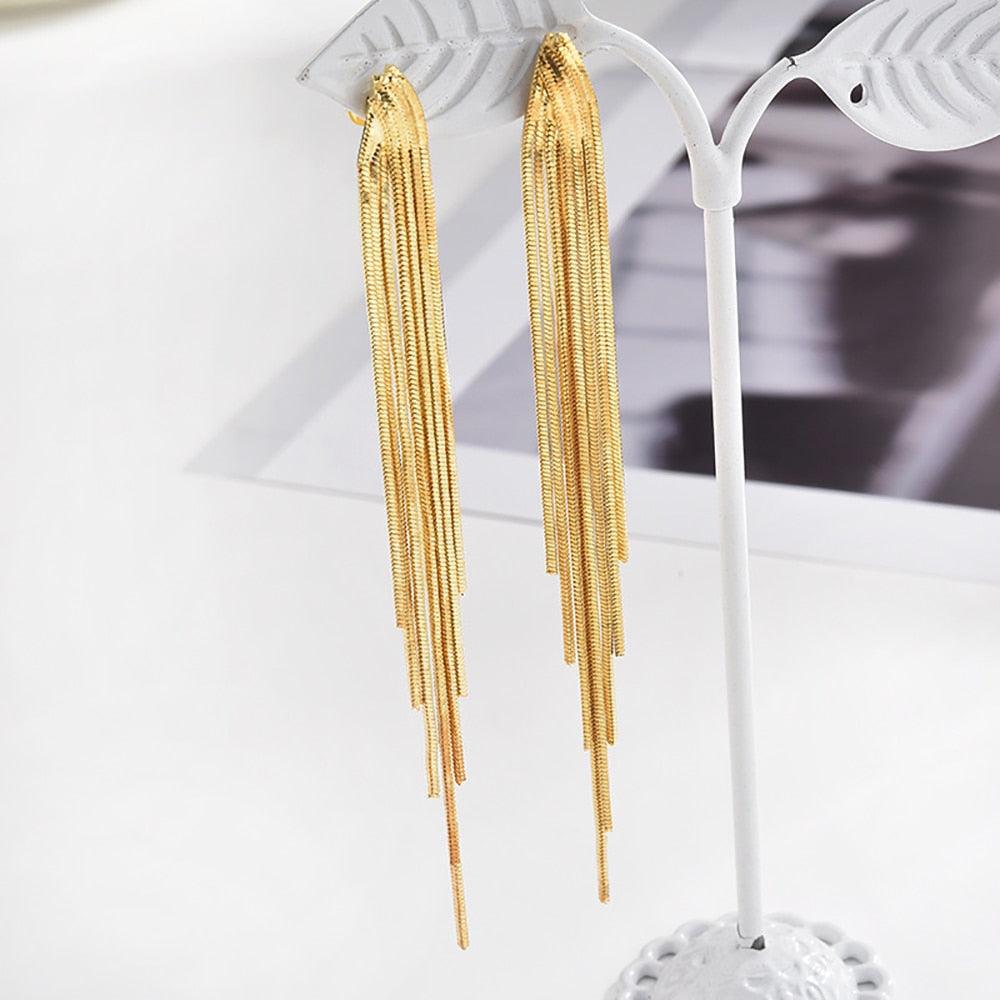 Gold Color Bar Long Thread Tassel Drop Earrings - Lady Vals Vanity