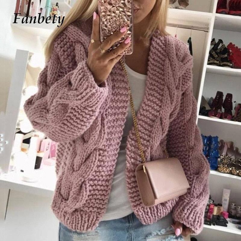Women Elegant V Neck Warm - Knitted Casual Twist Cardigan Sweater - 