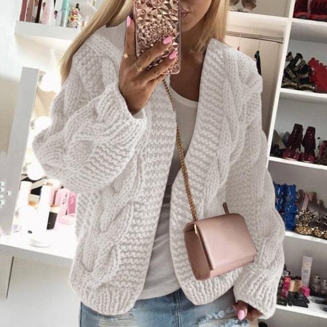 Women Elegant V Neck Warm - Knitted Casual Twist Cardigan Sweater - 