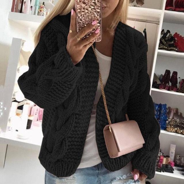 Women Elegant V Neck Warm - Knitted Casual Twist Cardigan Sweater - 