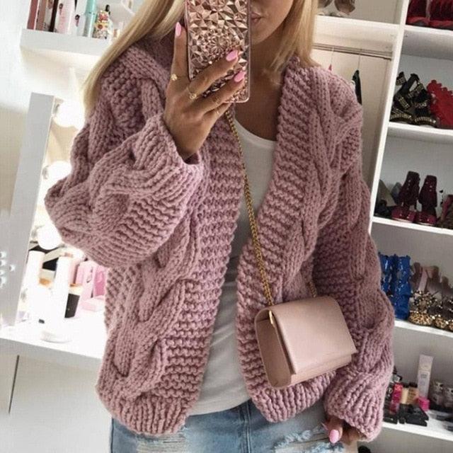 Women Elegant V Neck Warm - Knitted Casual Twist Cardigan Sweater - 