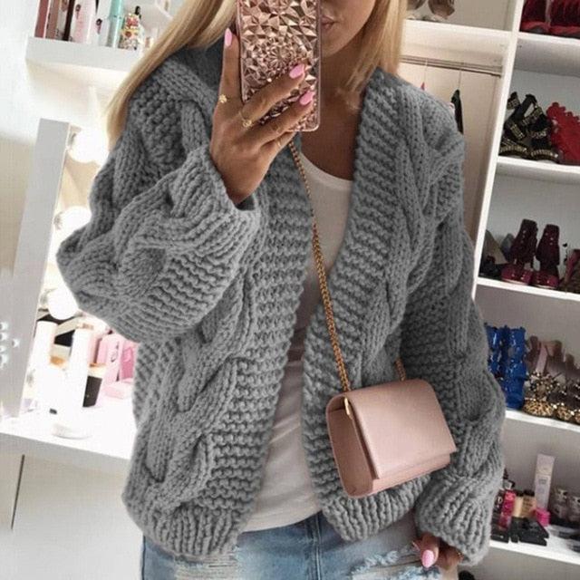 Women Elegant V Neck Warm - Knitted Casual Twist Cardigan Sweater - 