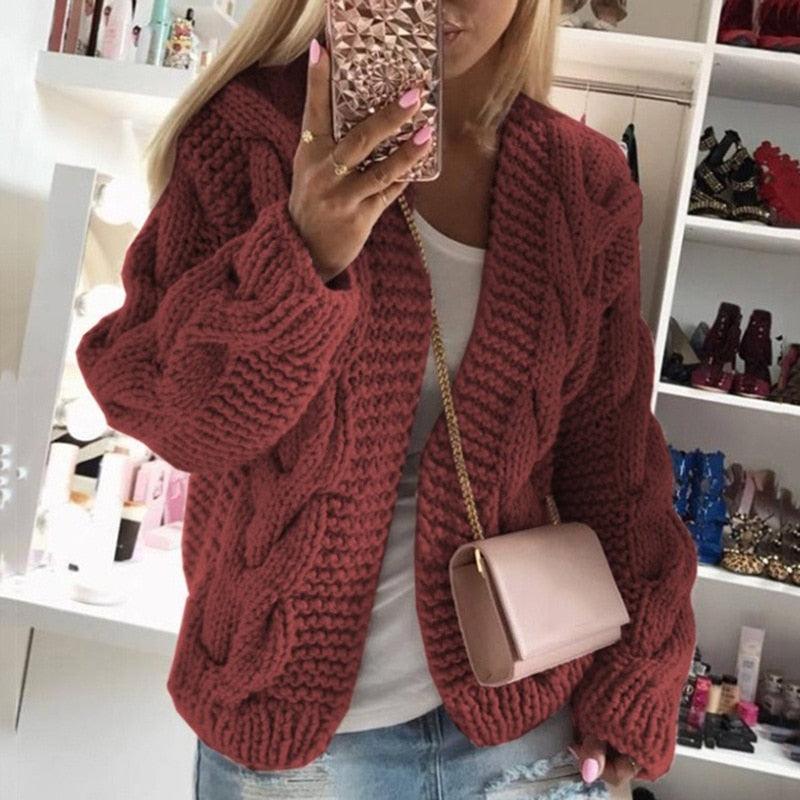 Women Elegant V Neck Warm - Knitted Casual Twist Cardigan Sweater - "I'M PERKY" Boutique