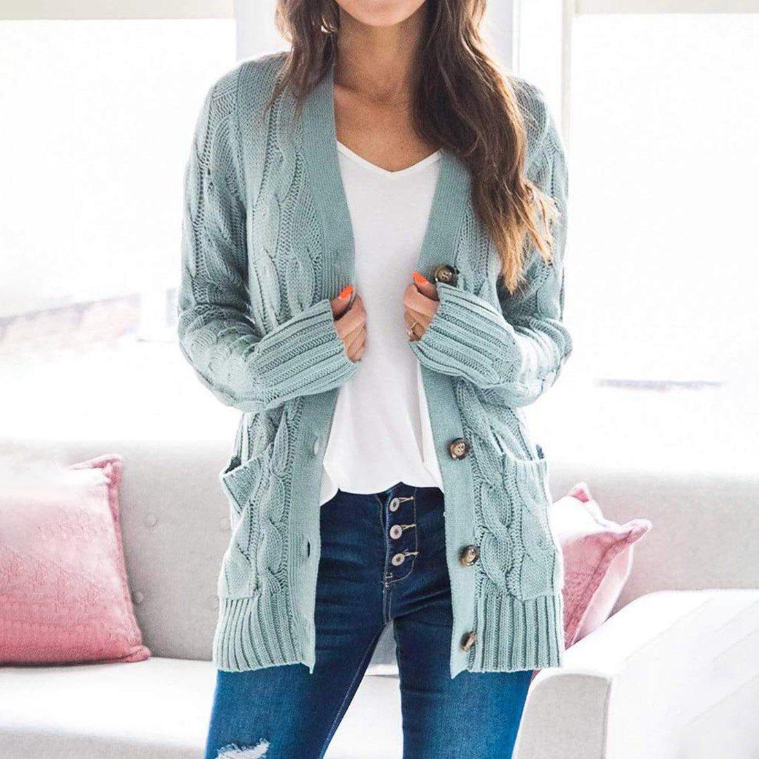 Winter Warm Candy Color Knitted Cardigan Long Sleeve Women Sweaters - 