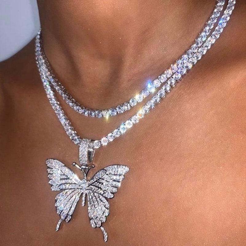 Big Butterfly Pendant Necklace Rhinestone Bling Tennis - Lady Vals Vanity