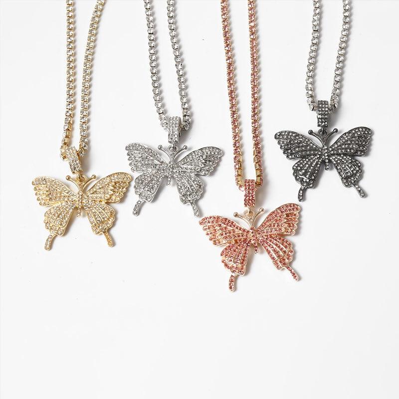 Big Butterfly Pendant Necklace Rhinestone Bling Tennis - Lady Vals Vanity