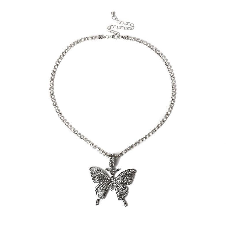 Big Butterfly Pendant Necklace Rhinestone Bling Tennis - Lady Vals Vanity