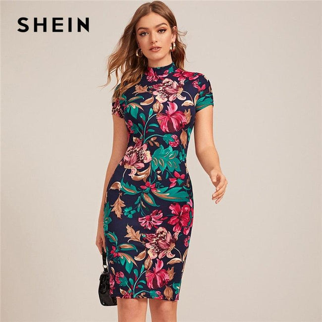 SHEIN Multicolor Mock-Neck Form Fitted Floral Print Dress Women Spring Cap Sleeve Bodycon Elegant Pencil Midi Dresses - 