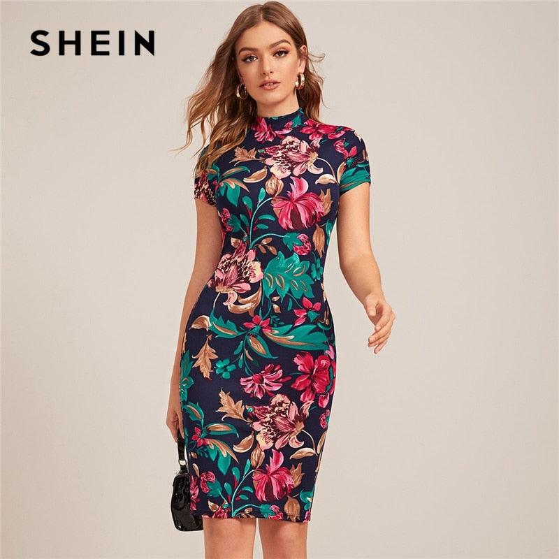 SHEIN Multicolor Mock-Neck Form Fitted Floral Print Dress Women Spring Cap Sleeve Bodycon Elegant Pencil Midi Dresses - 