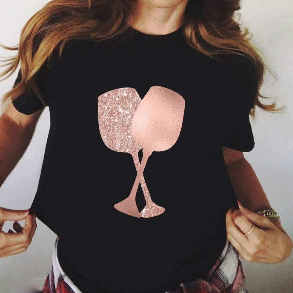 Women Rose Gold Wine Glasses T-Shirt - Lady Vals Vanity